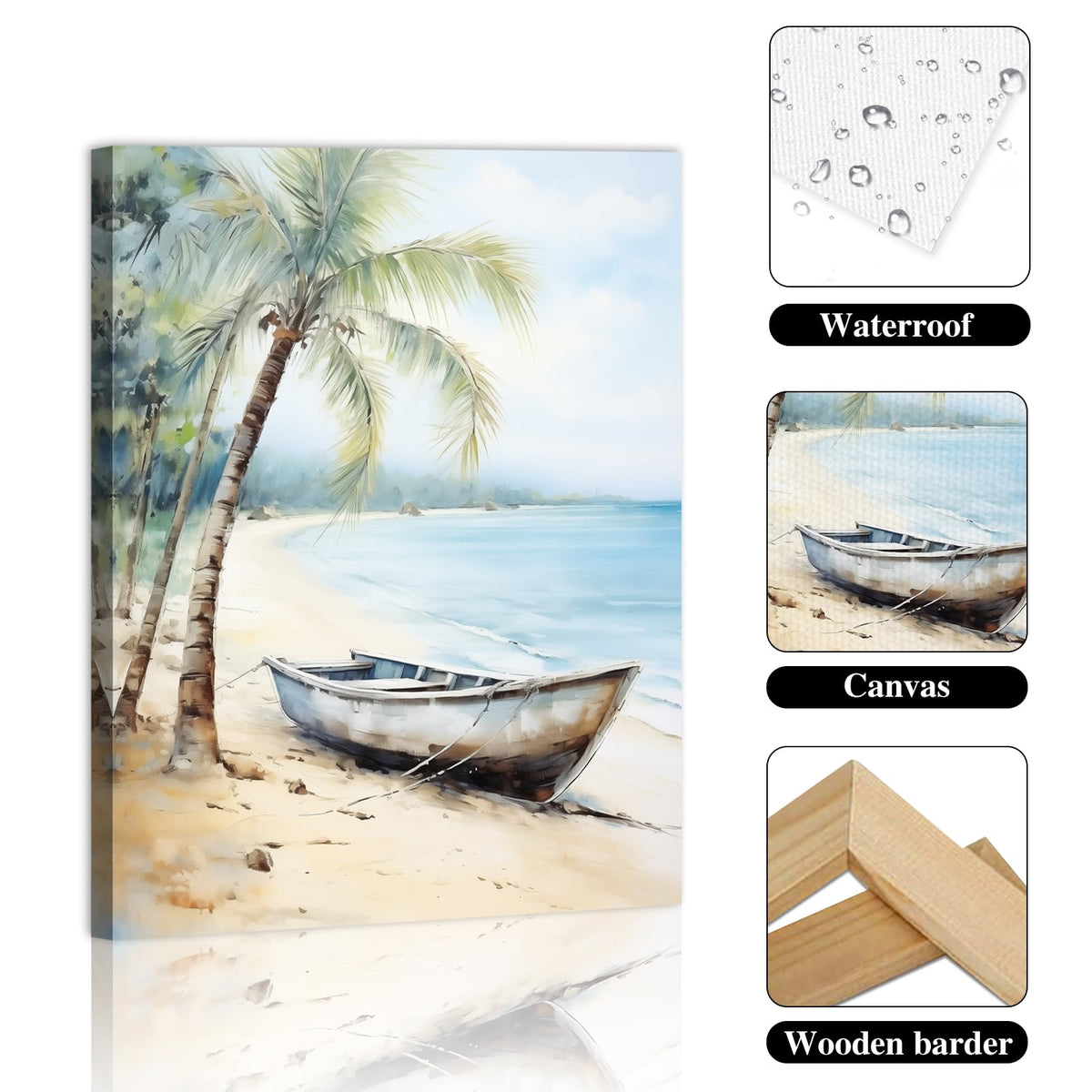 Boat and Palm Trees by the Sea Canvas Wall Art Decor Print Nursery Pictures Home Decor for Living Room Bedroom Wood Framed 12x16 Inches (16"L x 12"W / Boat)