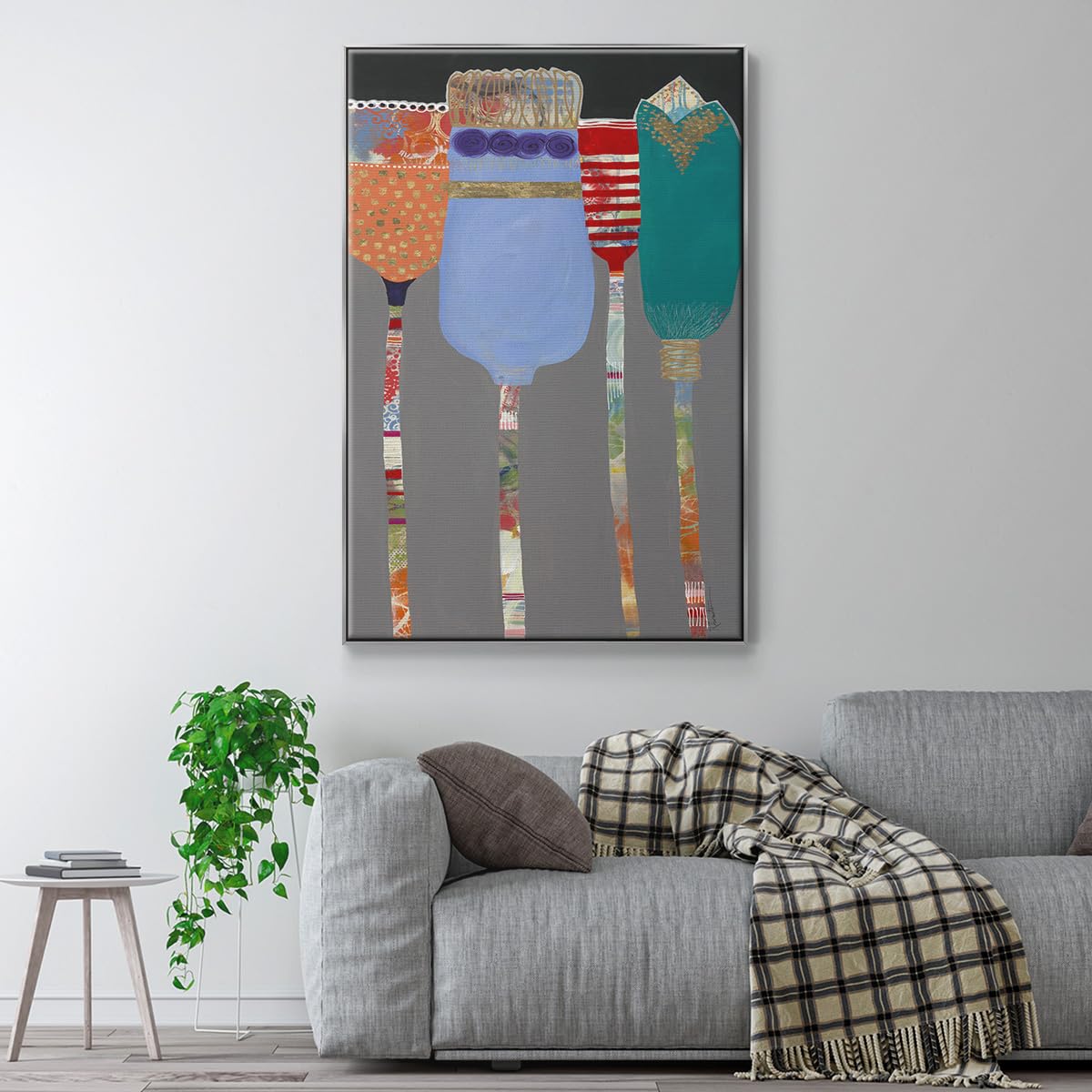 Abstract Floral Wall Art Hanging Paintings Tall Vibrant Color Tulips Flower Canvas Silver Floater Frame Artwork Prints for Office Bedroom Kitchen Walls (37"L x 25"W / Tall Tulips)