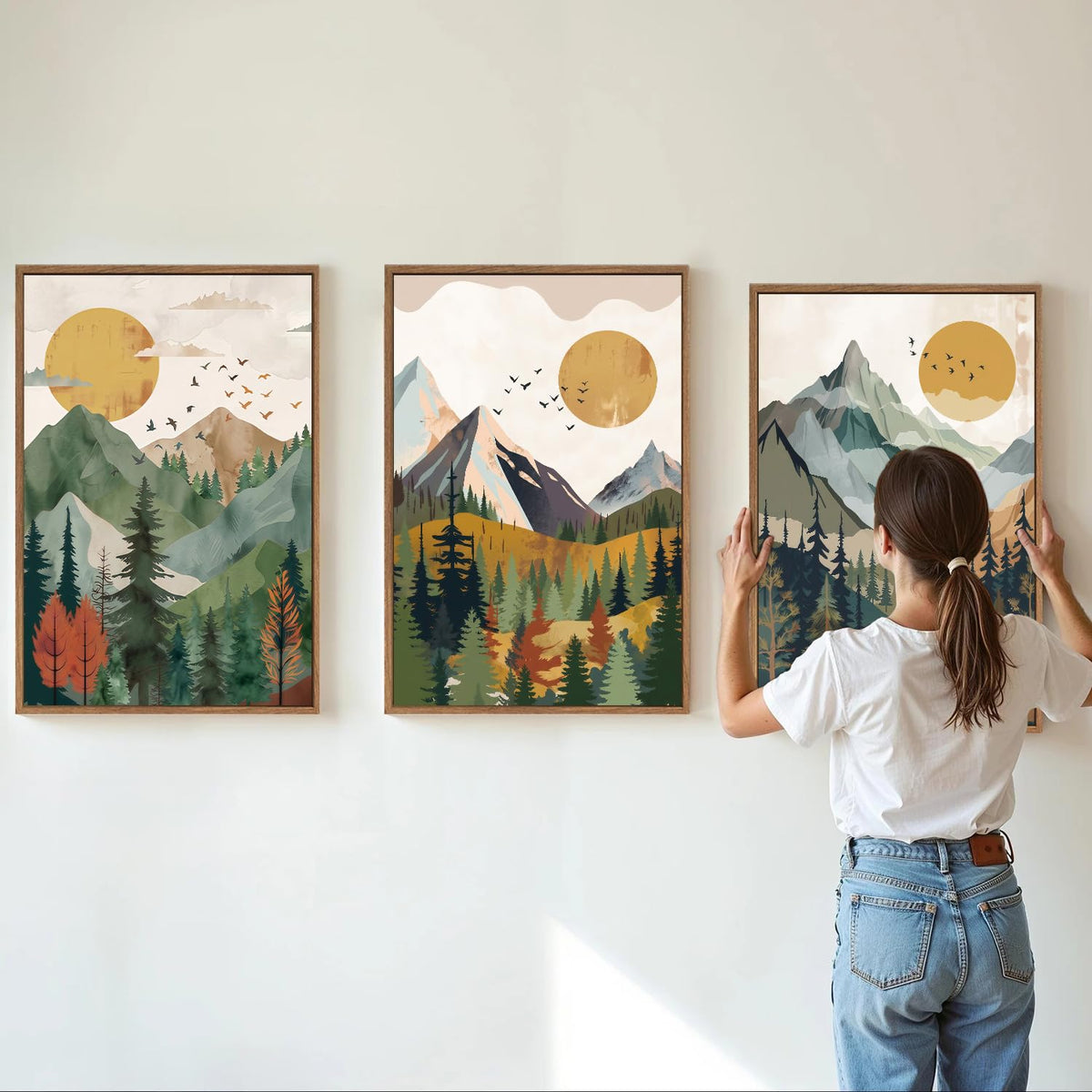 Boho Mountain Framed Canvas Wall Art (Watercolor Sun Forest / 36"L x 24"W)