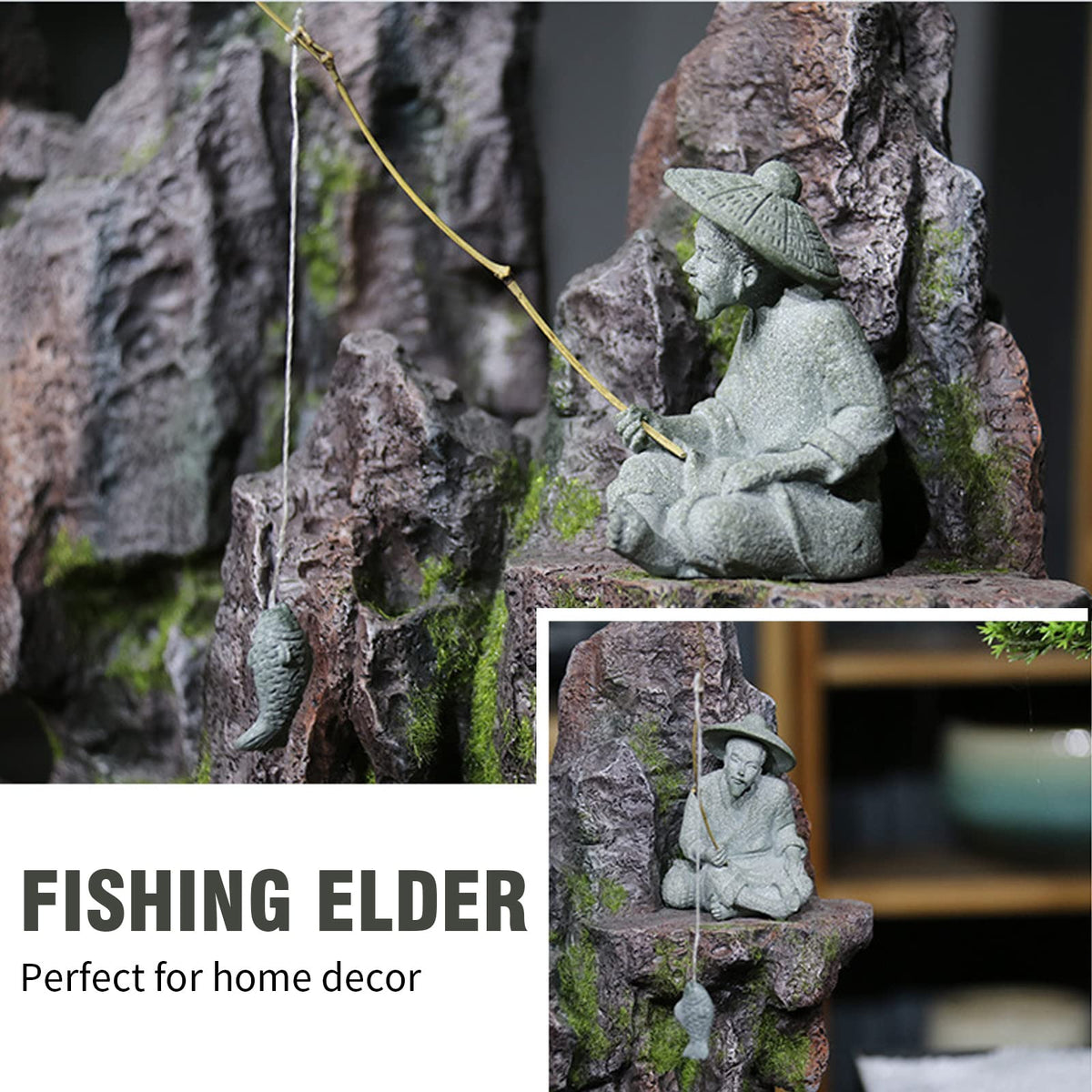 2PCS Sitting Fishing Figurines Sandstone Vintage Ornament Japanese Decor for Fish Tank Pot Garden Home Aquarium Mini Fisherman Statue Asian Zen Decoration (Medium Size)
