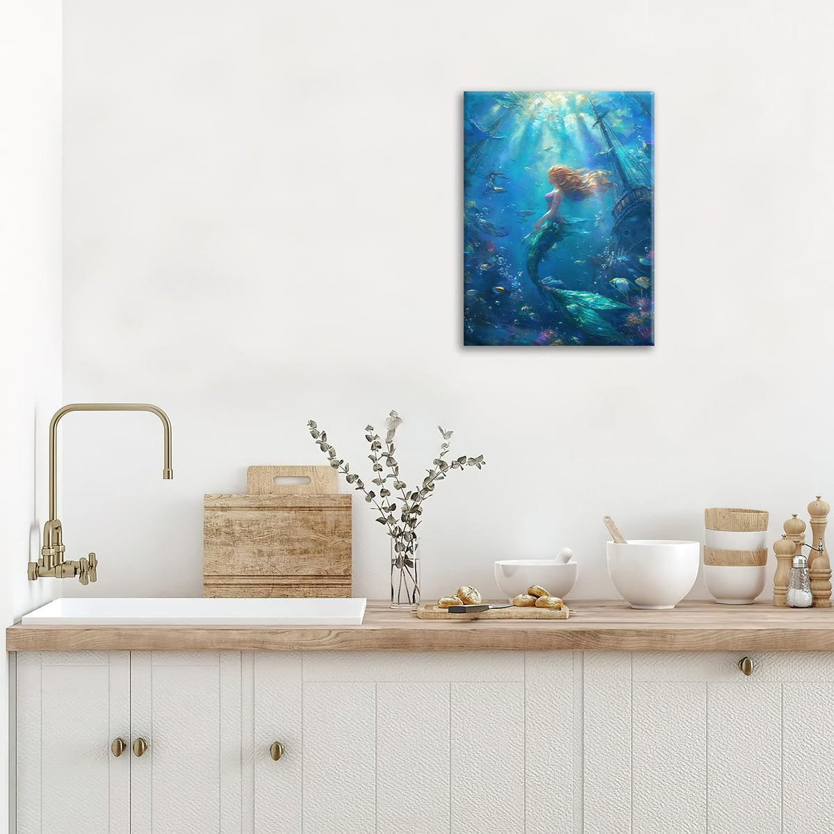 Mermaid Canvas Wall Art Ocean Picture Print Painting Framed ArtWork 16"x20" (Mermaid / 20"L x 16"W)