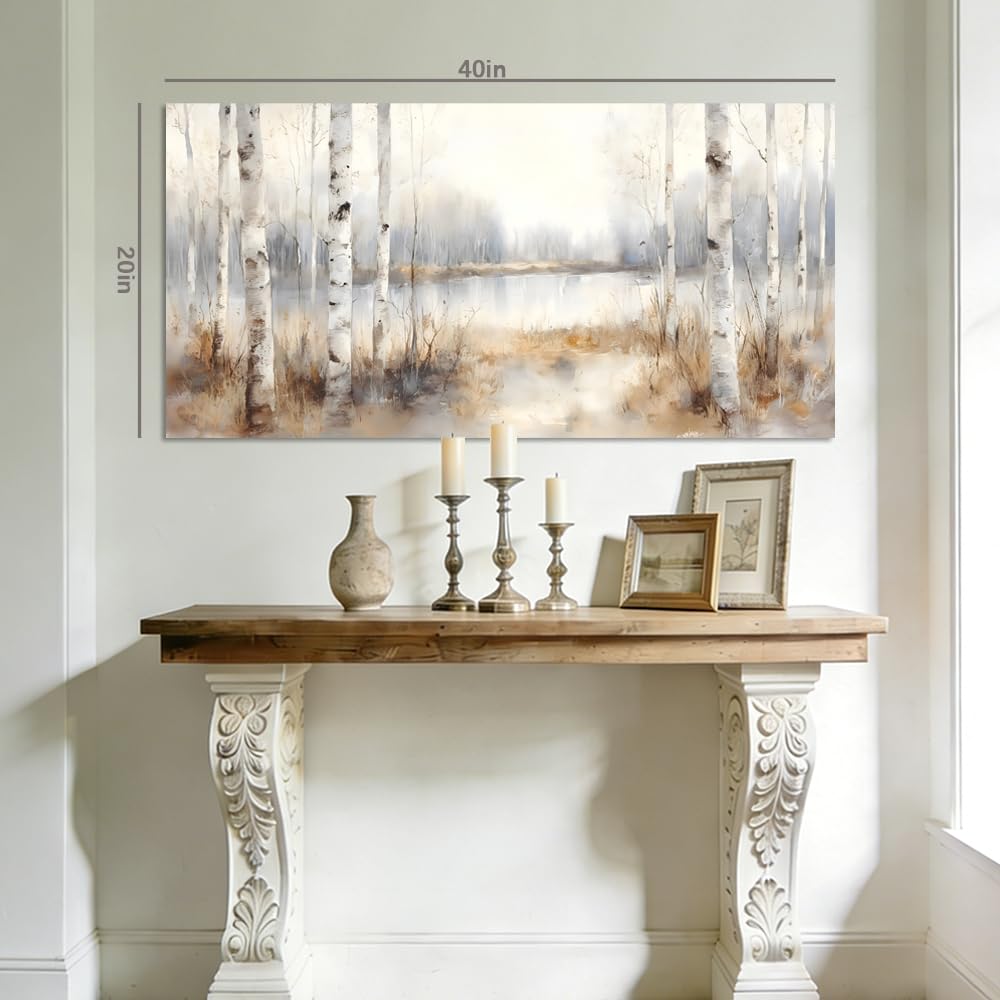 Misty Birch Tree Forest Canvas Wall Art Watercolor Lake Landscape Painting Flat Print Gallery Wrapped Nature Artwork for Living Room Bedroom Bathroom Decor (Mysterious / White Birch Forest 20 / 46"L x 23"W)