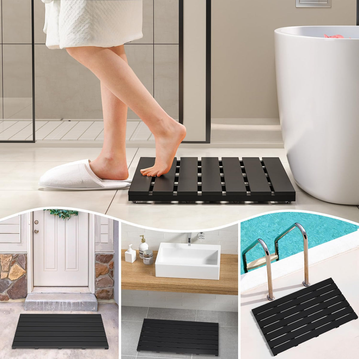 Wooden Bamboo Bath Shower Mat (Black / 31.3" x 18.1" (Rectangular))