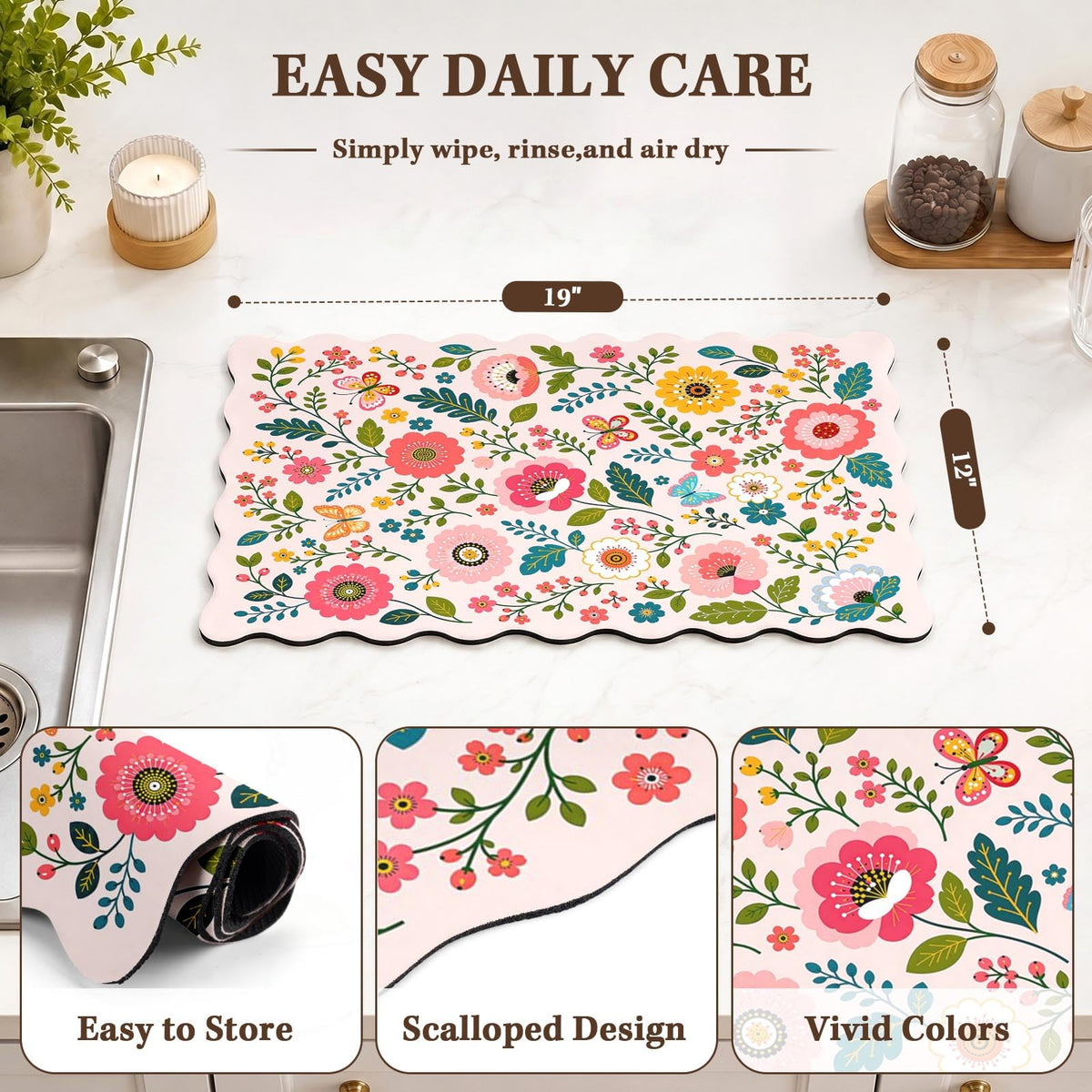 Scalloped Dish Drying Mat 2 (Floral Butterfly Flower / 12x19 inch)