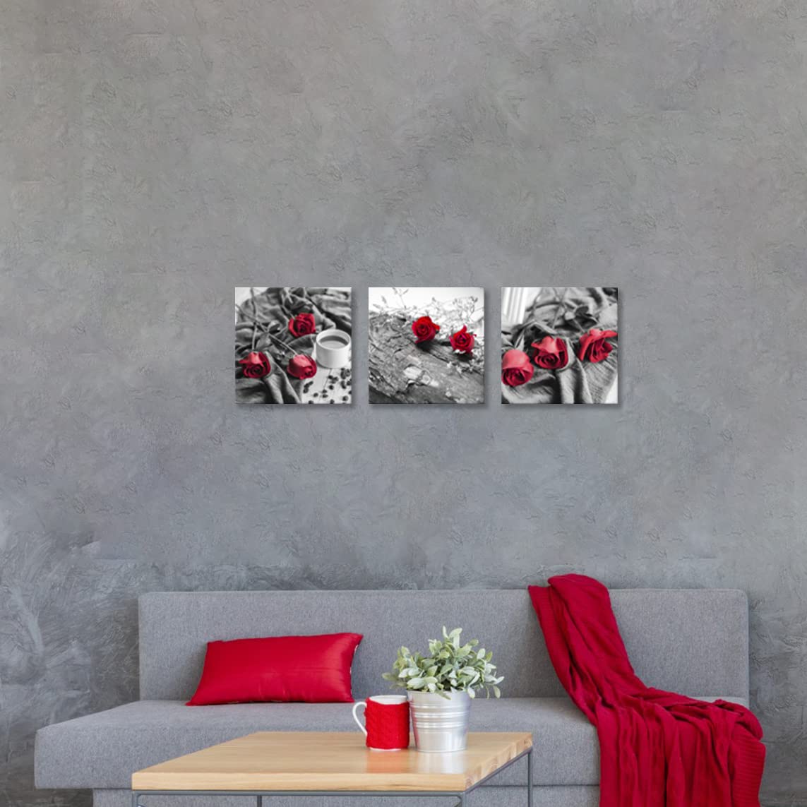 Canvas Print 3 Pcs Black and White Red Rose Canvas Art Painting Abstract Wall Art Decorations Flower Picture on Canvas for Home Decor Stretched and Framed (14 x 14 inches (3-Piece Set) / B&W Rose)