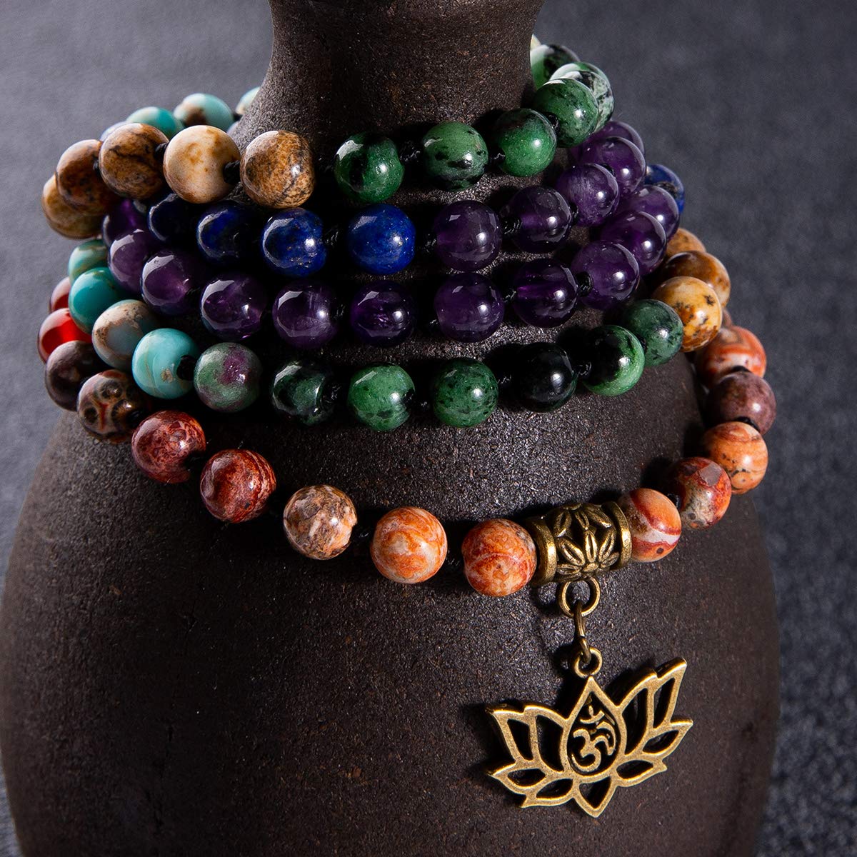 7 Chakra 108 Mala Beads Bracelet Real Gemstone Yoga Meditation Hand Knotted Mala Prayer Bead Necklace (6mm / # Lotus OM - 7 Chakras)