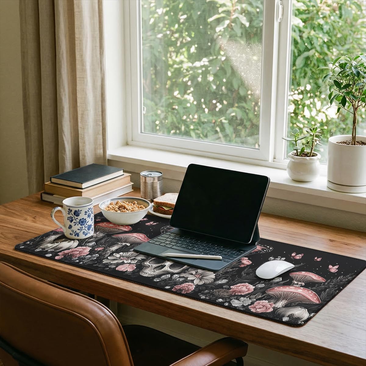 Gothic Skull Large Gaming Mouse Pad Pink Butterfly Mushroom Dark Floral Desk Mat (Gothic Skull / 35.4L x 15.7W inches)