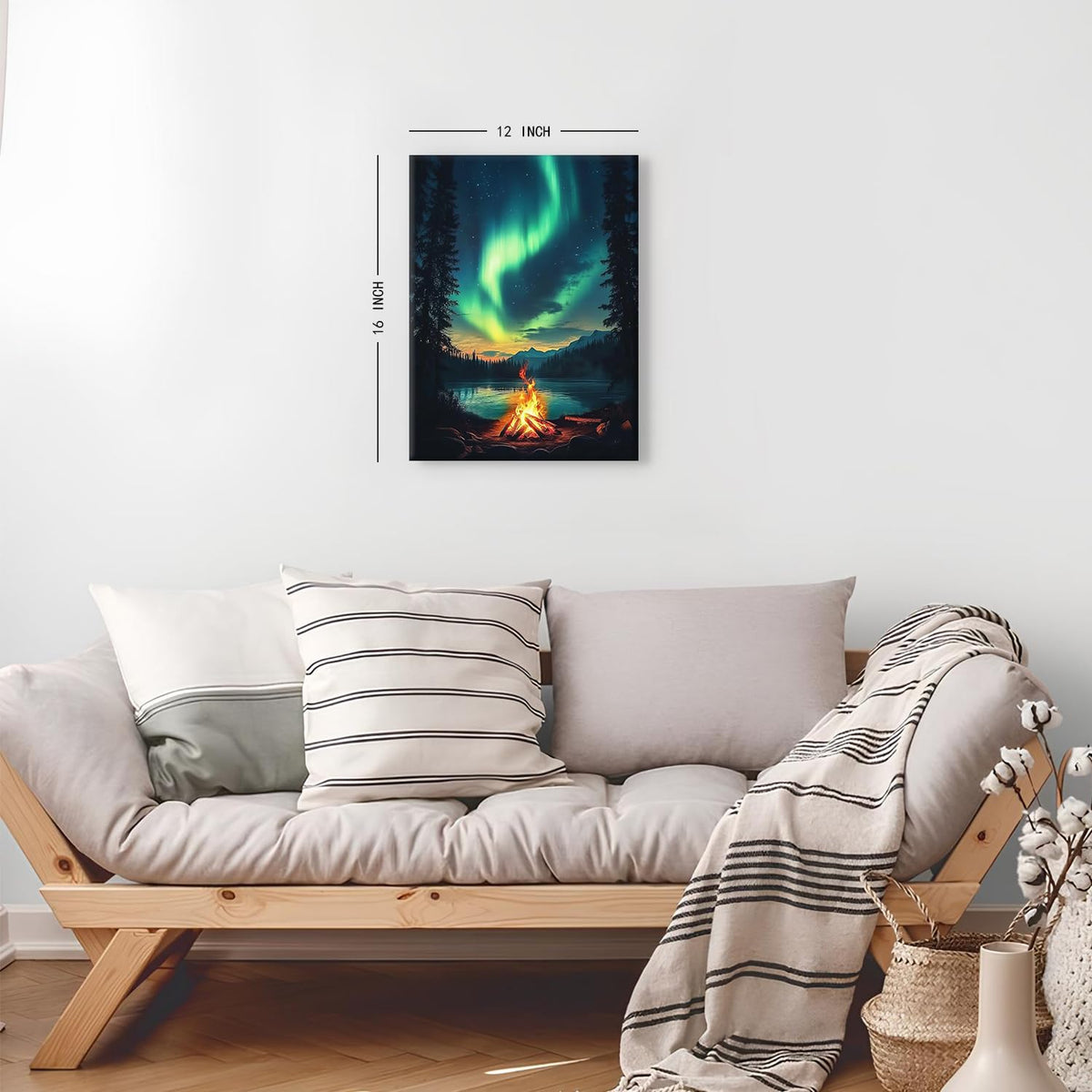 Northern Lights Wall Art Green Aurora Borealis Landscape Wall Decor Nature Mountain Lake Picture Canvas Prints Painting Bonfire Scene Poster Painting Artwork for Living Room Bedroom Decoration 12x16” (12"L x 16"W / Nature15)