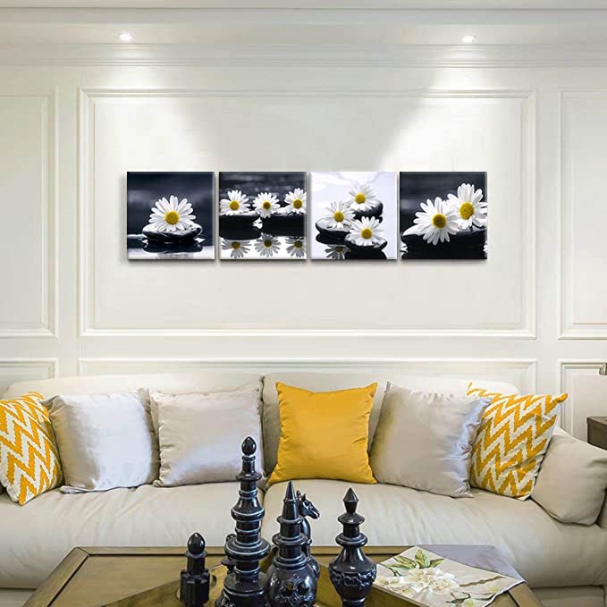Black and White Wall Art Zen Décor Canvas Print Daisy Poster Painting Flower Stone Picture Meditation Artwork for Bathroom Decoration Dining Wall Art Bedroom Living Room Decor Office Framed (AzeDa5bw / 12"L x 12"W x 4 pcs)