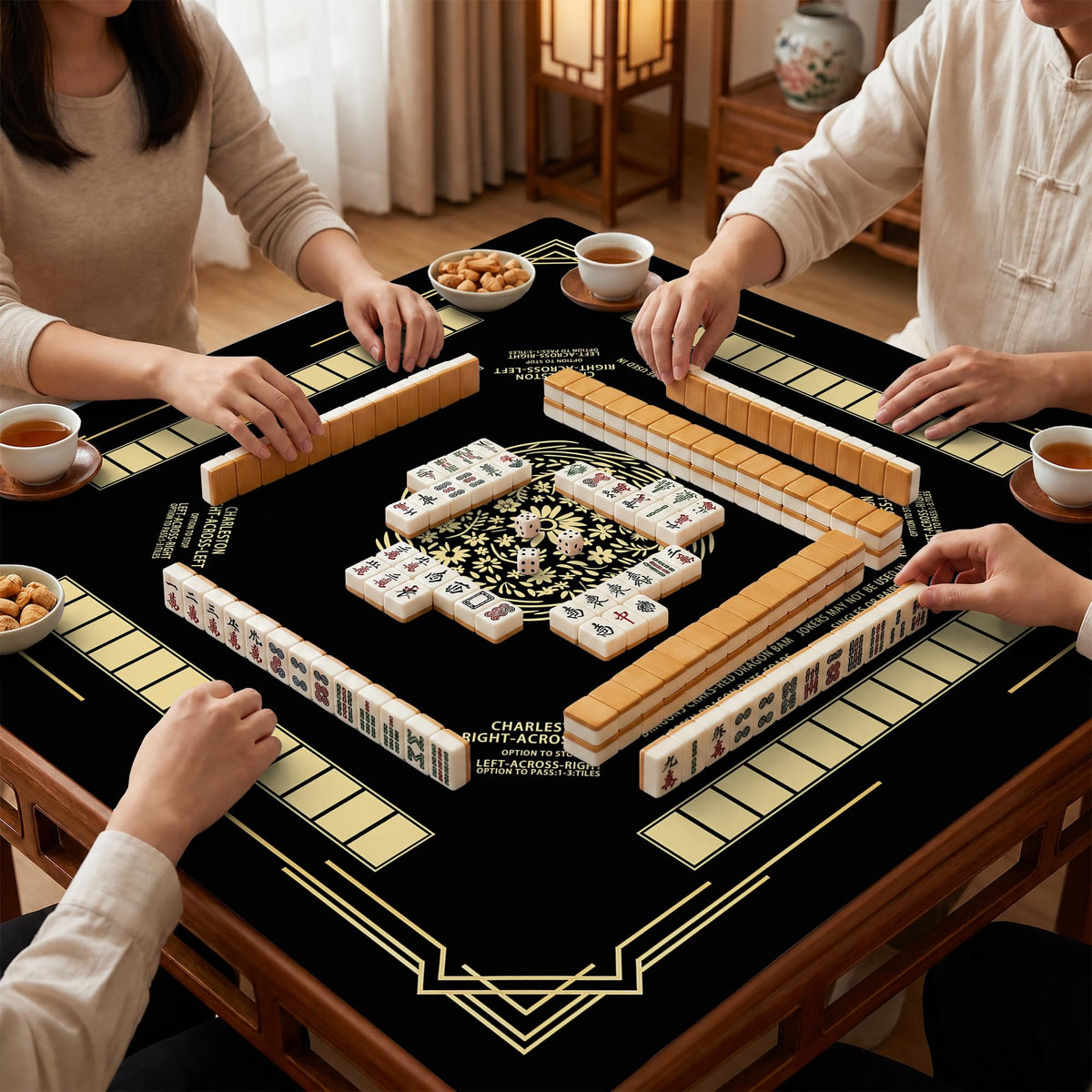 Black and Gold Floral Mahjong Mat 31.5" x 31.5" (Black and Gold Mahjong 2)