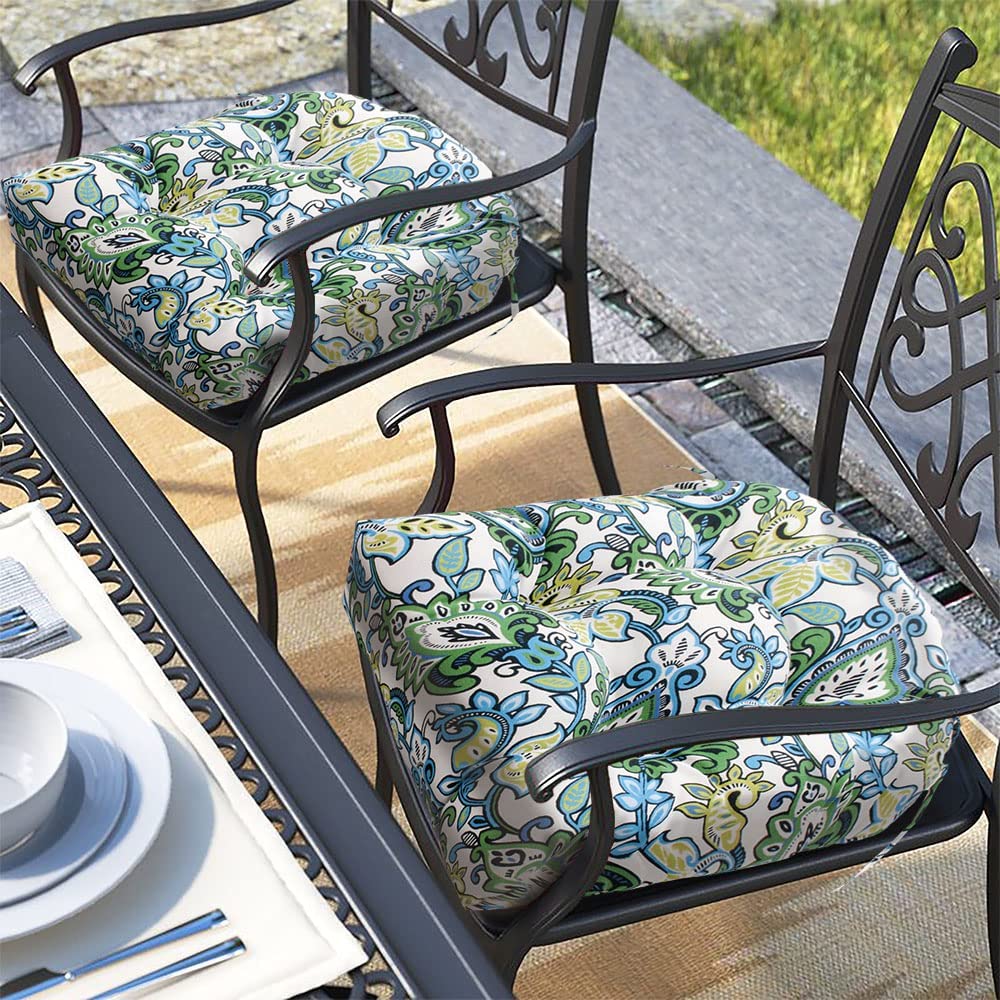 Outdoor Tufted Seat Cushion 19"x19" (Botanical Blue / 19" x 19" x 5" (2 Pack))