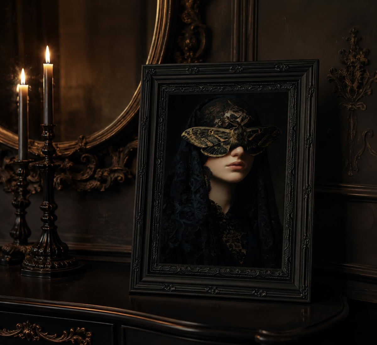 Framed Dark Gothic Wall Art (Moth / 11"L x 9"W)