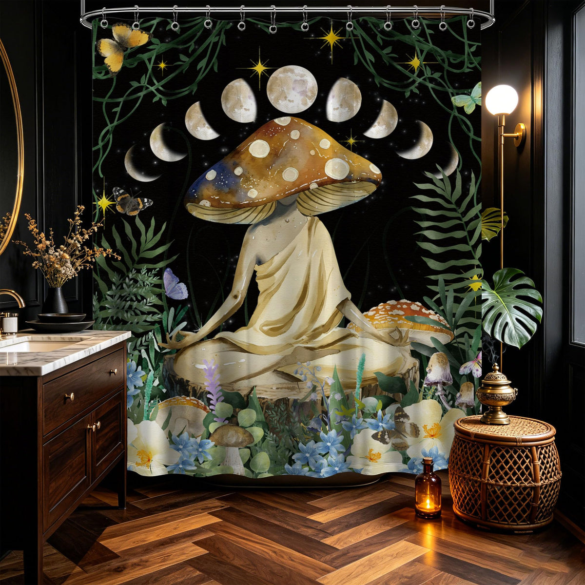 Funny Mushroom Shower Curtain Zen Meditation Cottage Core Shower Curtains for Vintage Bathroom Decor Sets (Meditation / 70"W x 78"L (Pack of 1))