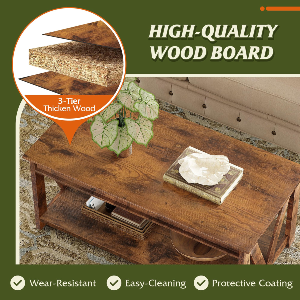 Coffee Table 43.3 Inch Farmhouse Table with Storage (Rustic Brown)