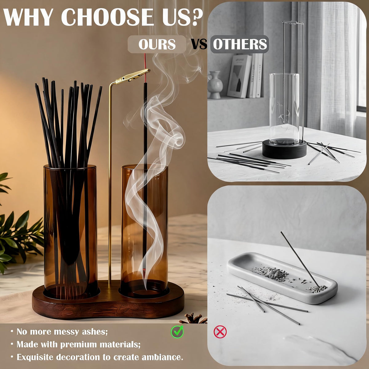 Incense Holder for Sticks Upside Down Hanging Incense Burner with Removable Glass Ash Catcher and Wooden Base (Brown)