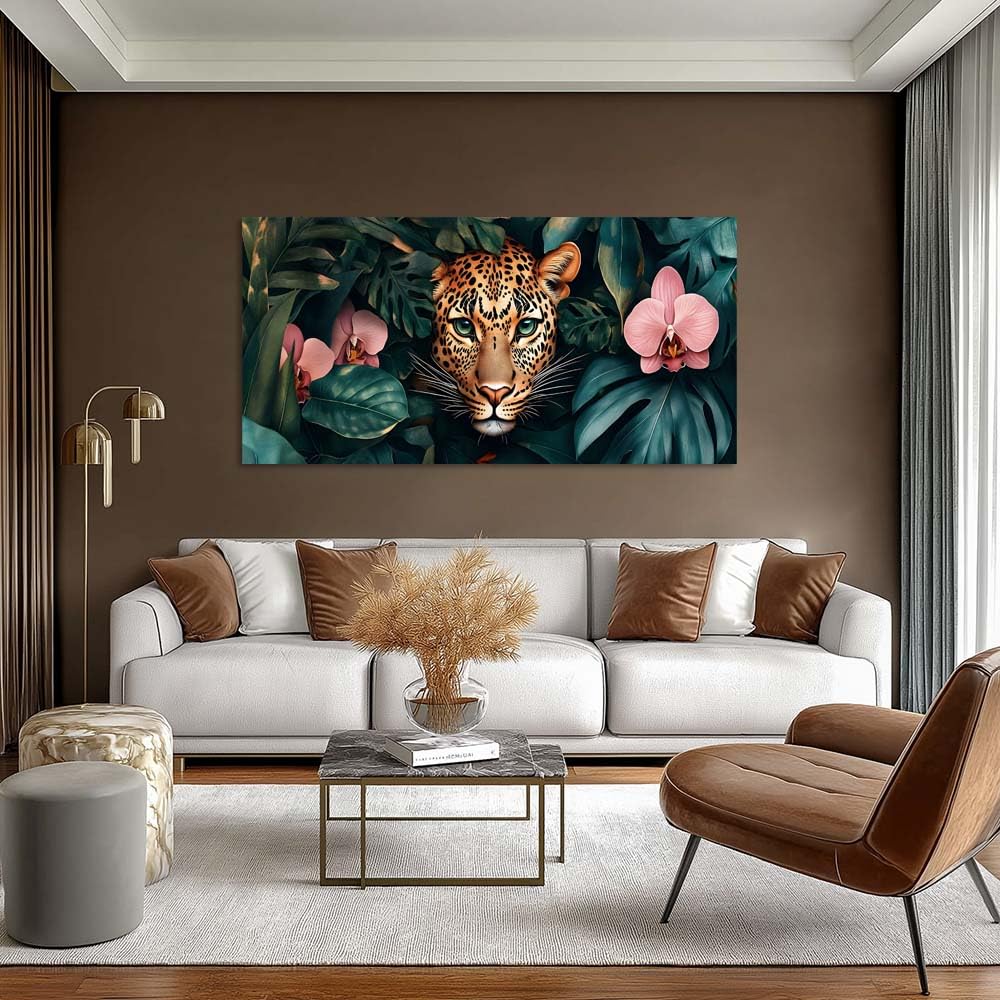Tropical Jungle Leopard Canvas Wall Art Dark Green Monstera Leaves Pink Orchid Flower Wildlife Painting Print Gallery Wrapped Artwork for Living Room Living Room Bedroom Bathroom Decor (Abstract / White Leopard Jungle 2 / 46"L x 23"W)