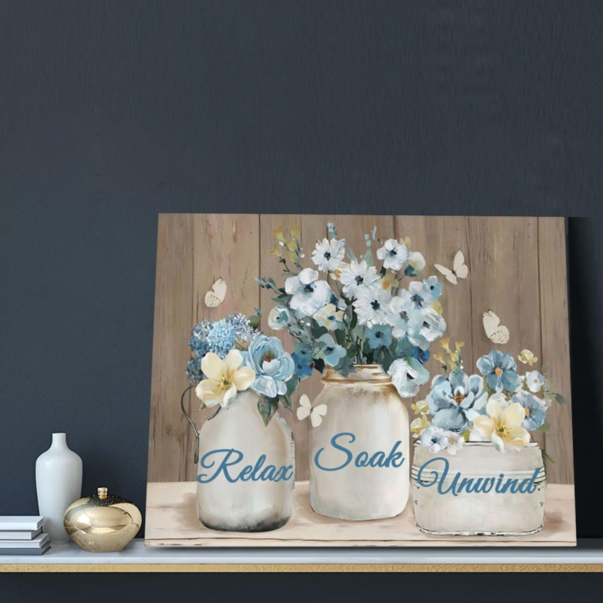 Farmhouse Flower Rustic Blue Floral Canvas Painting Prints (Blue Flower / 20"L x 16"W)