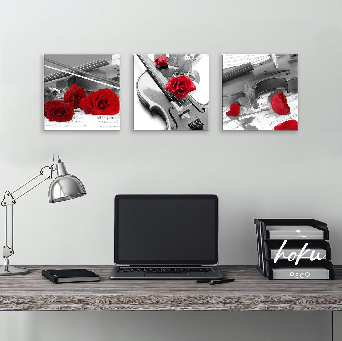 Canvas Print 3 Pcs Black and White Red Rose Canvas Art Painting Abstract Wall Art Decorations Flower Picture on Canvas for Home Decor Stretched and Framed (14 x 14 inches (3-Piece Set) / Violin and Rose)