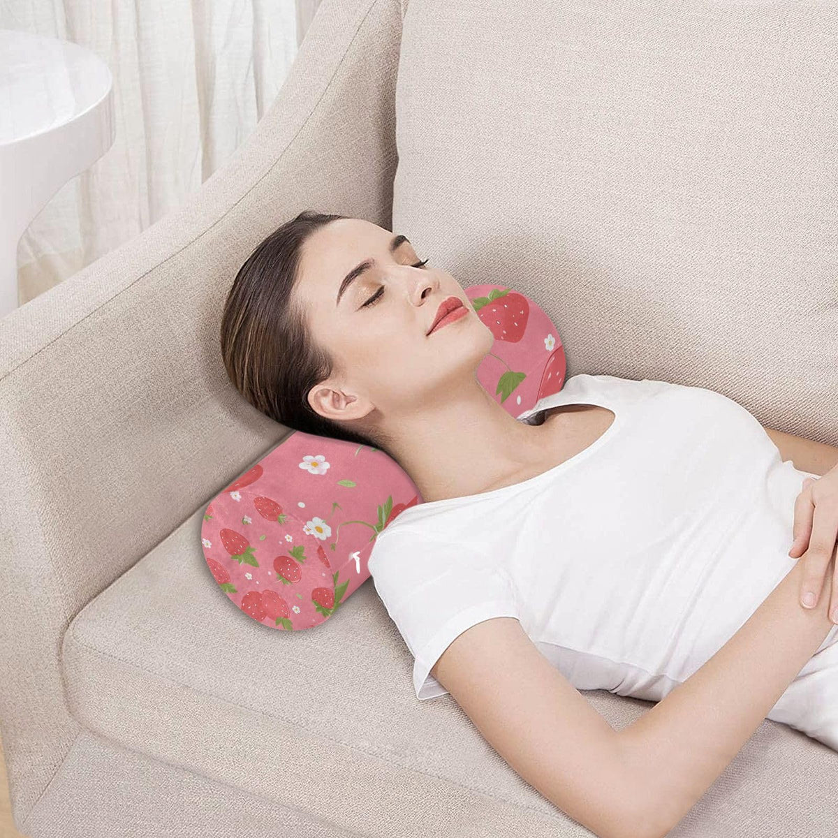 Neck Roll Pillow Bolster Pillows Round Health Memory Foam Long Cervical Cylinder Body Removable Washable Cover Bed Legs Back Yoga Pink Strawberry (Strawberry 1)