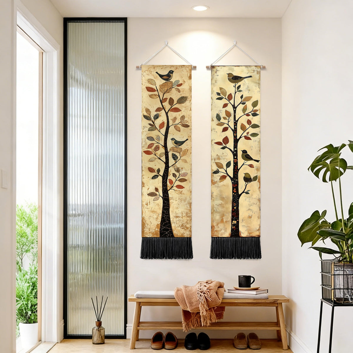 2 Pack Long Vertical Wall Tapestry (Vintage Bird Tree / 13"Wx51"H)