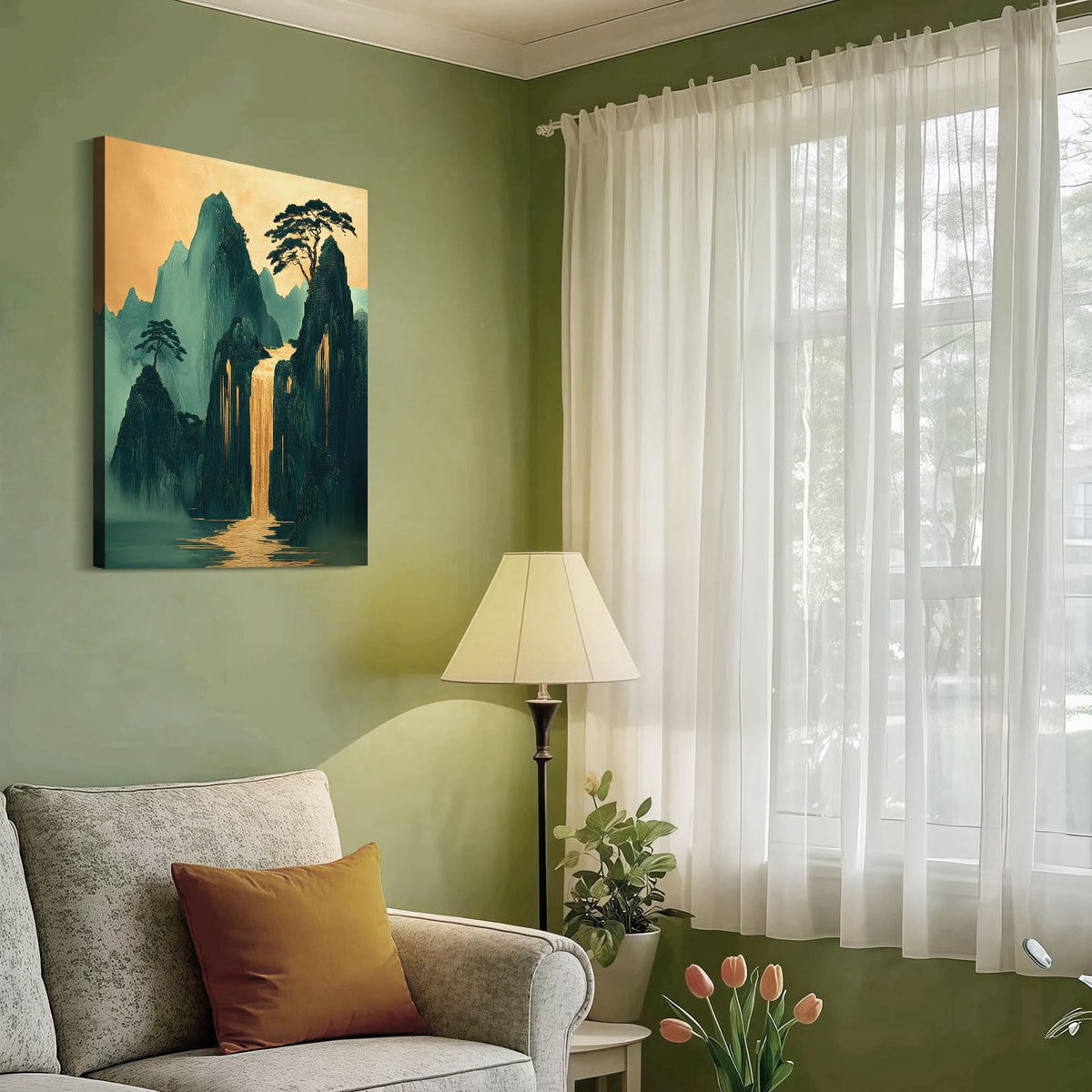 Green Gold Japanese Mountains Waterfall Wall Art 12x16 Inch (Green Gold Mountains / 24"L x 16"W)