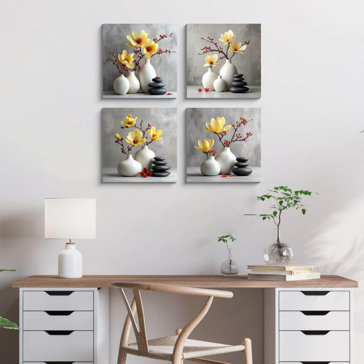 4PCS Magnolia Flower Canvas Wall Art Yellow Blooms Red Berries in White Ceramic Vases Zen Stones Minimalist Still Life Pictures for Living Room Bedroom Bathroom Spa Asian Inspired Home Decor (14X14inchX4 / Yellow Magnolia)