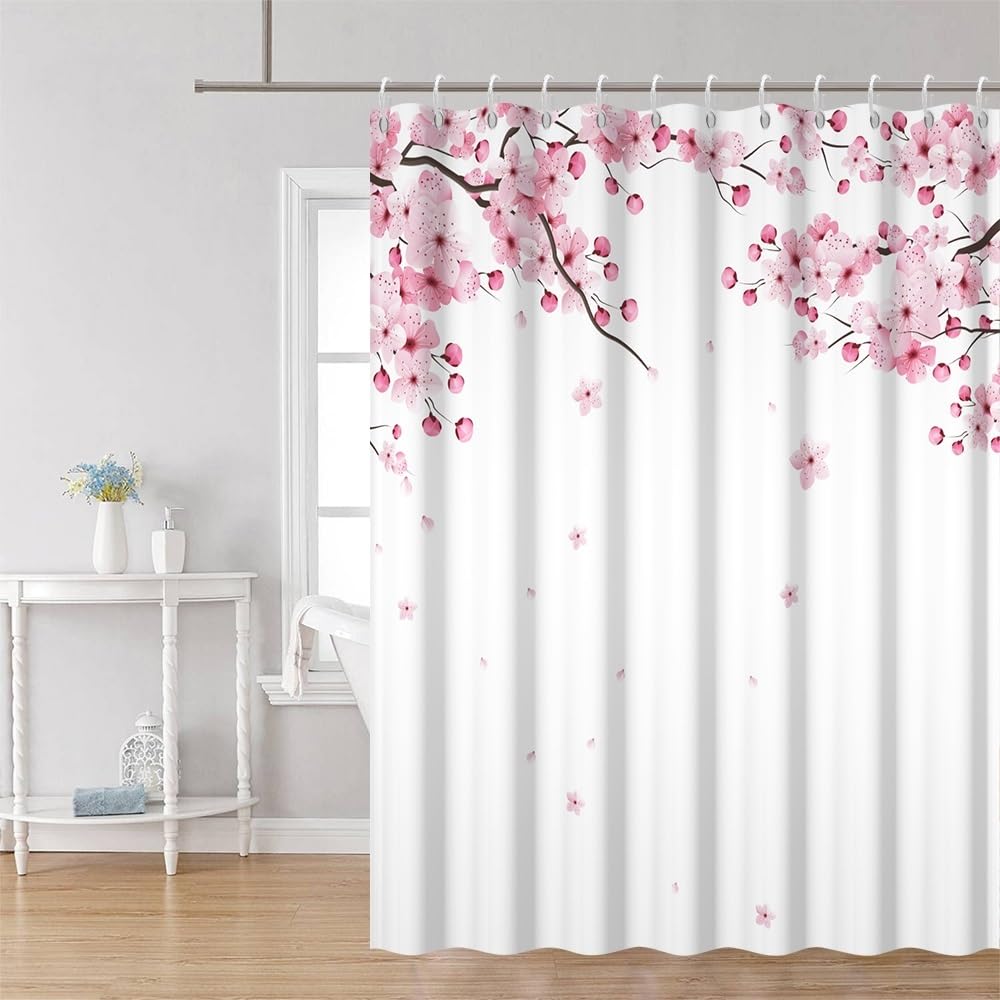 Pink Cherry Blossom Shower Curtains for Bathroom Watercolor Spring Floral Shower Curtain Sets Janpenese Asian Style Shower Curtain Bathroom Curtains Set with Hooks 70x72 Inch (70"W x 72"L (Pack of 1) / Pink-33)