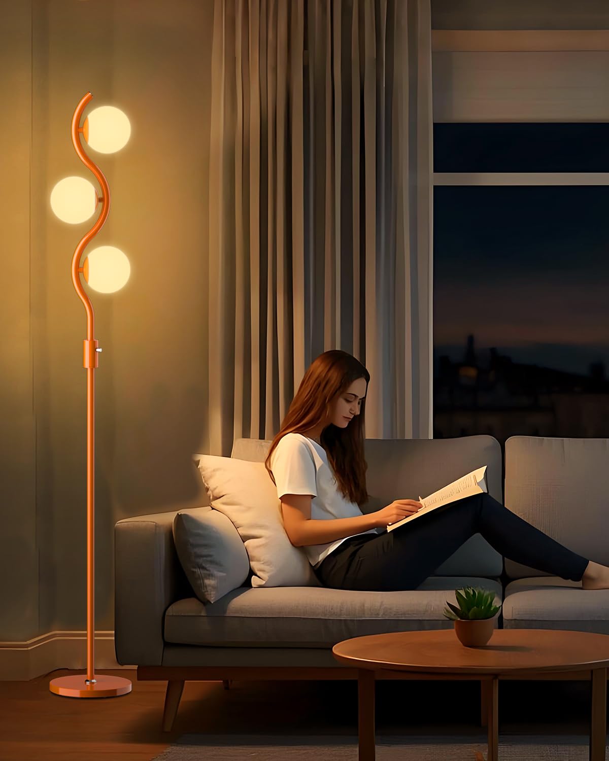 3 Globe Dimmable Floor Lamp Orange Mid Century Modern Standing Lamp with 3PCS 3000K Bulbs Included Stepless Brightness Adjustable Stable Base for Living Room (Orange-3S)