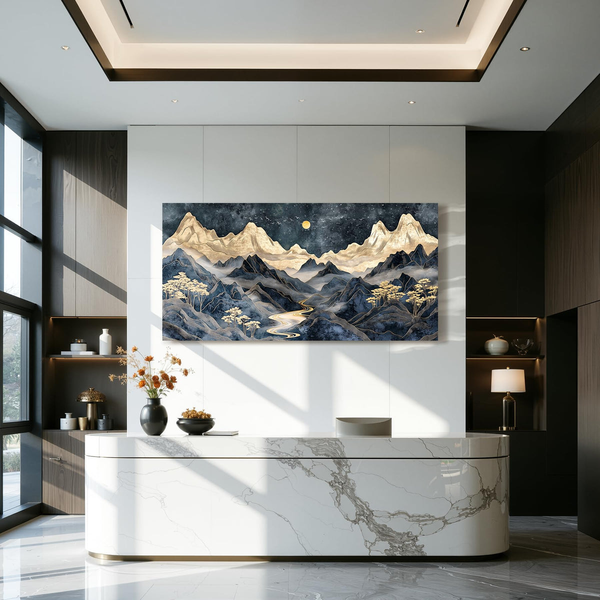 Luxury Mountain Oversized Wall Art Landscape Painting Living Room (Indigo Golden Mountain / 57"L x 29"W)