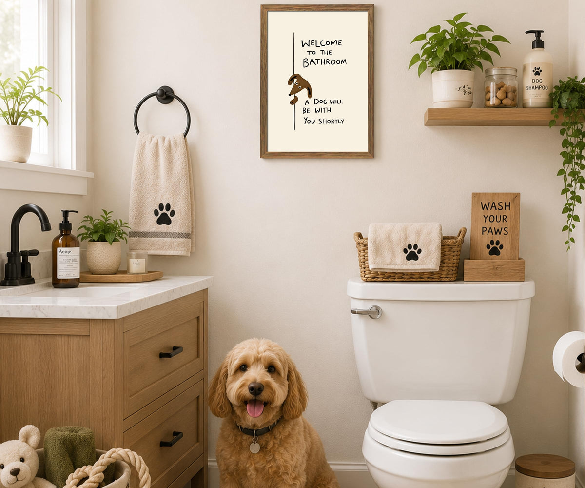 Funny Dog Bathroom Wall Art (Cream, Brown, Black, Natural Wood / 12"L x 16"W)