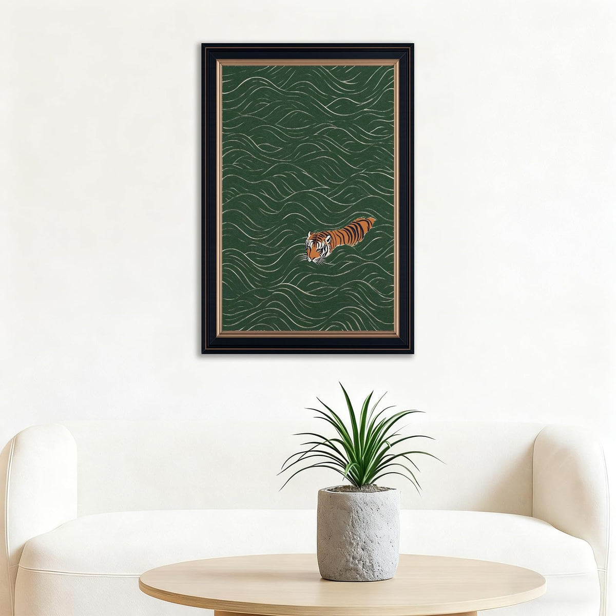 Framed Japanese Tiger Swimming Wall Art Ukiyo (16"L x 24"W / Style-3 Retro Black Frame)