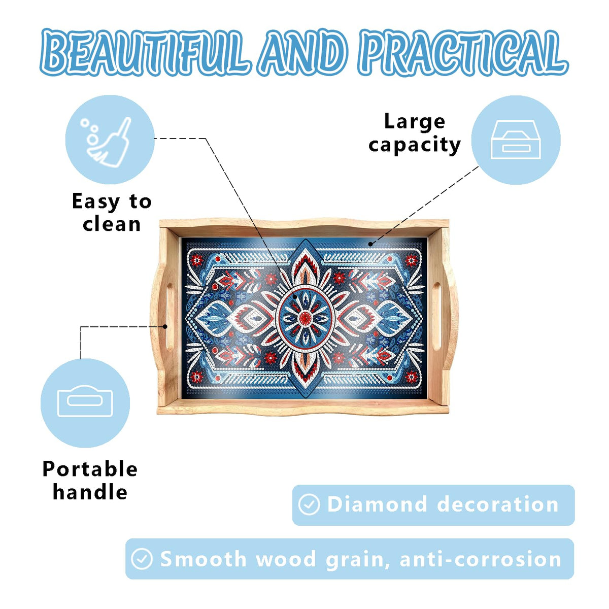 DIY Mandala Diamond Painting Serving Tray with Handle for Adults (Mandala Medium D)
