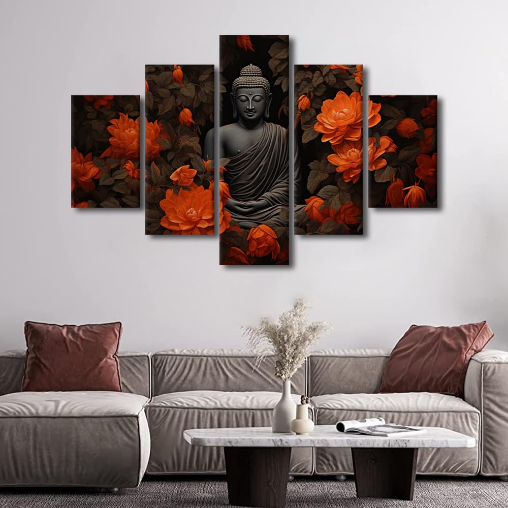 Buddha Canvas Wall Art Modern 5 Panel Poster Artwork Black Background Wall Art Decor Buddha Statue Surrounded By Flowers Painting for Bedroom Decoration Stretched and Framed Ready to Hang 60x40 in (60x40 in / 5PANEL-05)
