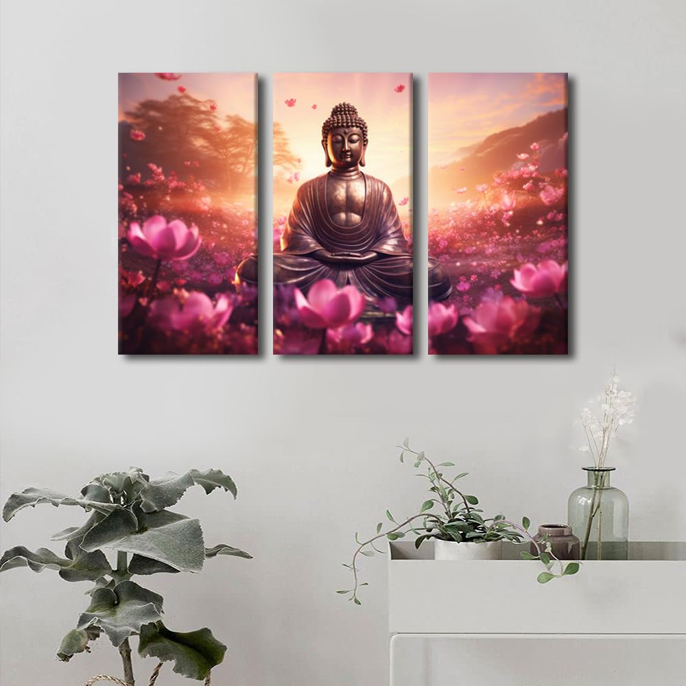 Canvas Wall Art for Home Buddha Sculpture Poster Decor Buddha Statue Surrounded By Flowers Picture Modern 3 Panel Office Wall Art for Bedroom Wall Decor Stretched and Framed Ready to Hang 36x24 in (36x24 in / 3PANEL-18)