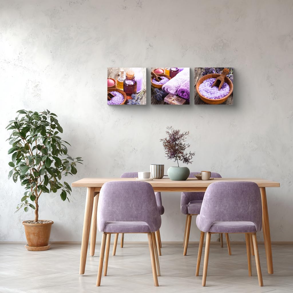 3Pcs Lavender Spa Canvas Wall Art Purple Bath Salts Essential Oil Bottles Still Life Prints Rustic Farmhouse Aromatherapy Decor for Bathroom Bedroom Spa Room Ready to Hang (14X14inchX3pcs / Purple Zen)