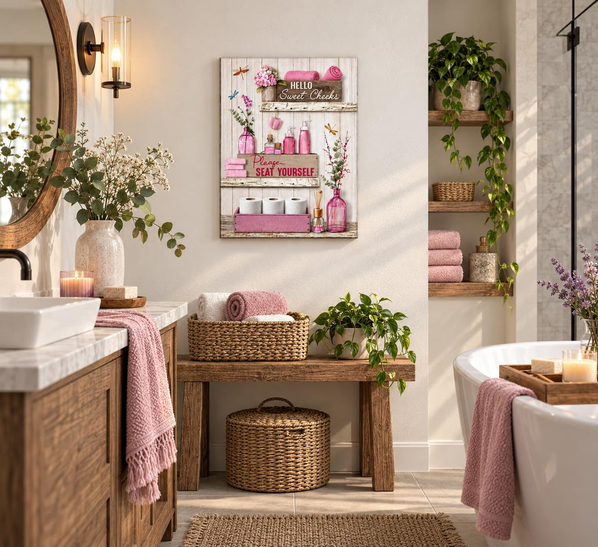 Pink Bathroom Canvas Wall Art 16x24Inches (Pink Canvas / 24"L x 16"W)