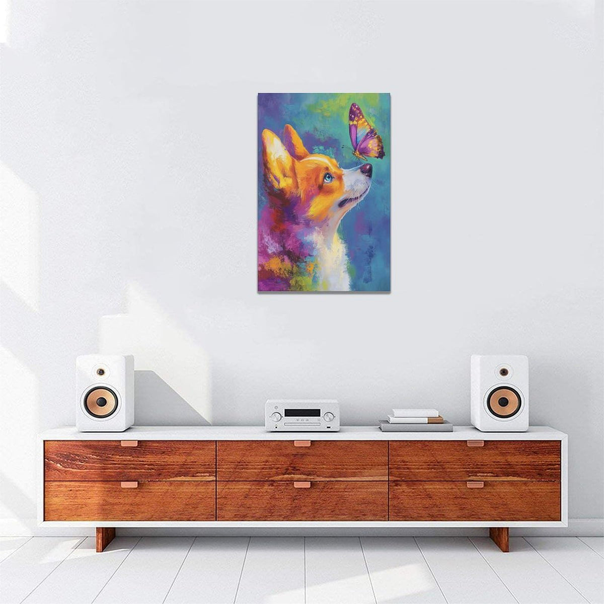 Corgi Kiss Butterfly Wall Art Dog Pictures Wall Decor Dogs Canvas Painting Print Home Modern Artwork Decorations Framed for Bathroom Living Room Bedroom Office 16 x 24 inch (24L" x 16W" / Corgi)