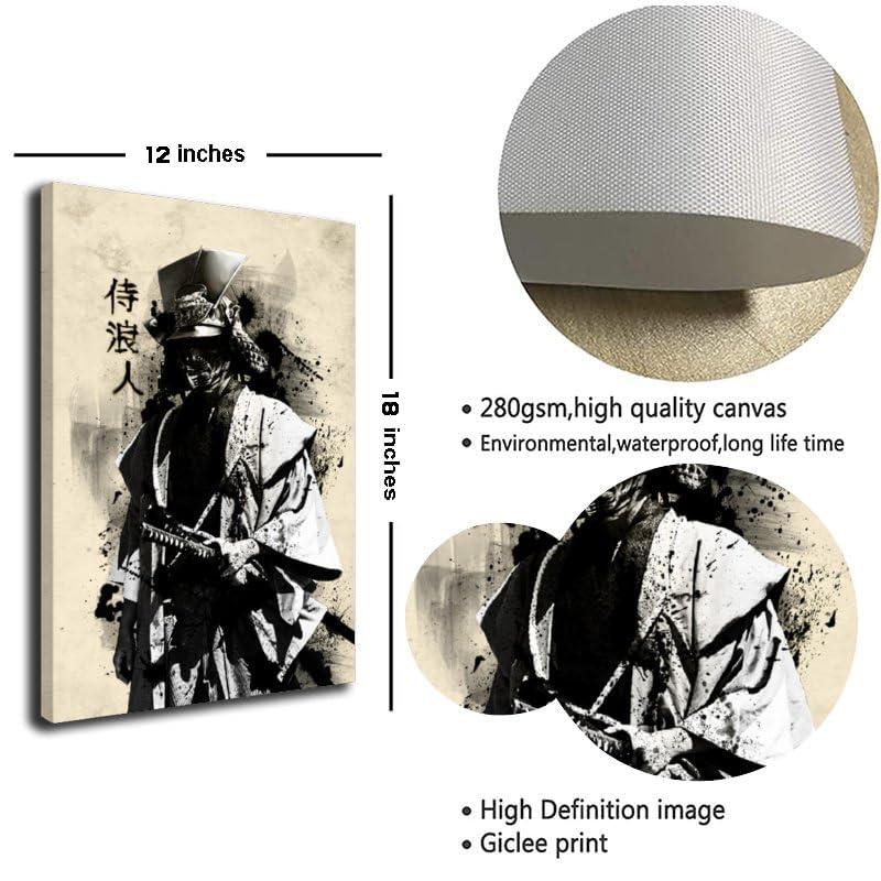 Samurai Ronin Canvas Wall Art Canvas Painting for Home Office Modern Japanese Culture Artwork Poster Framed Wall Decor For Bedroom Living Room 12X18inchs (18"L x 12"W / Frame-9)