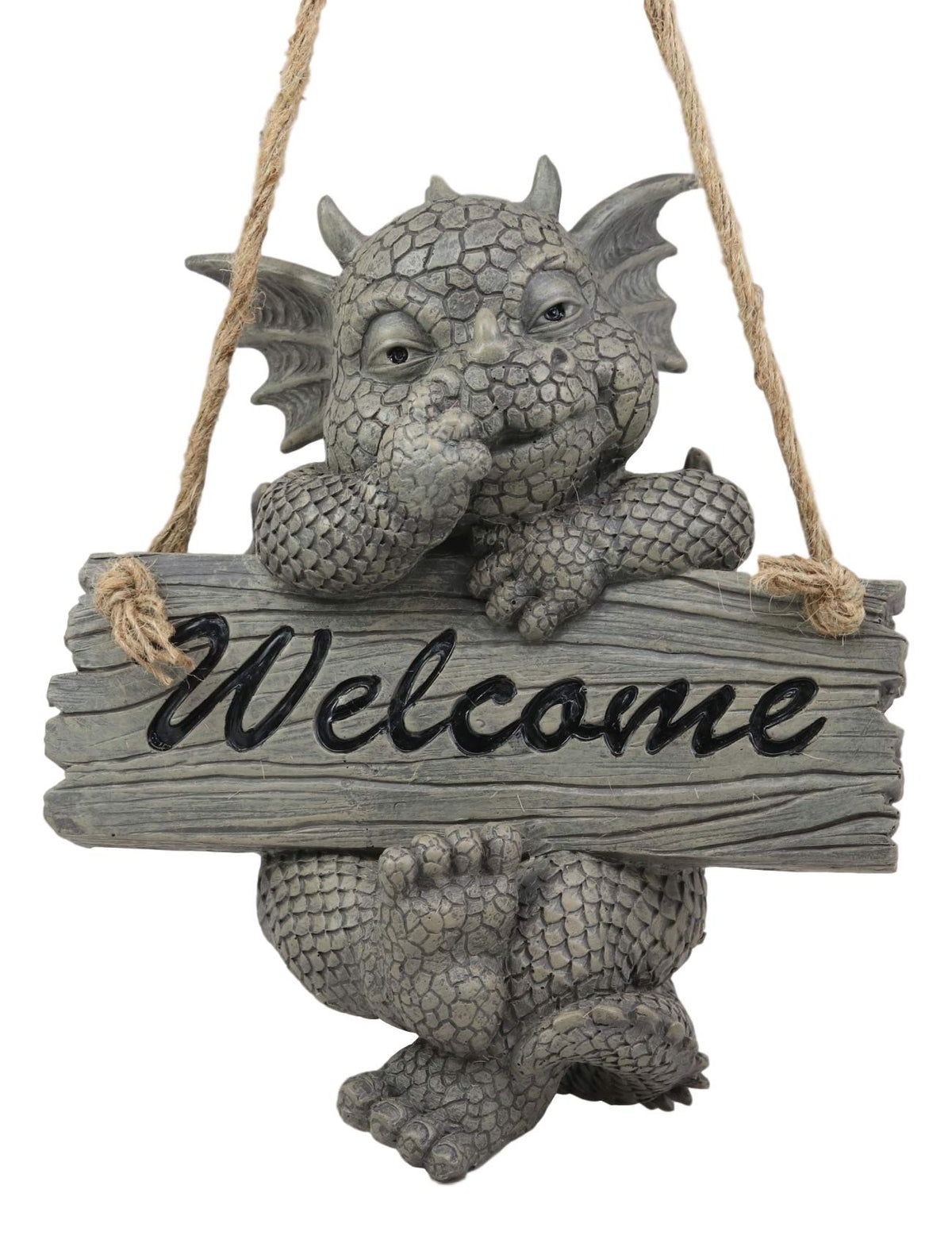 Ebros Whimsical Jute Strings Hanging Welcome Garden Dragon Picking Nose Statue Cute Wyrmling Figurine Dungeons and Dragons Mythical Fantasy Sculpture Guest Greeter Tree Branch Hanger Patio Decor (Rope Hanging Welcome Dragon)