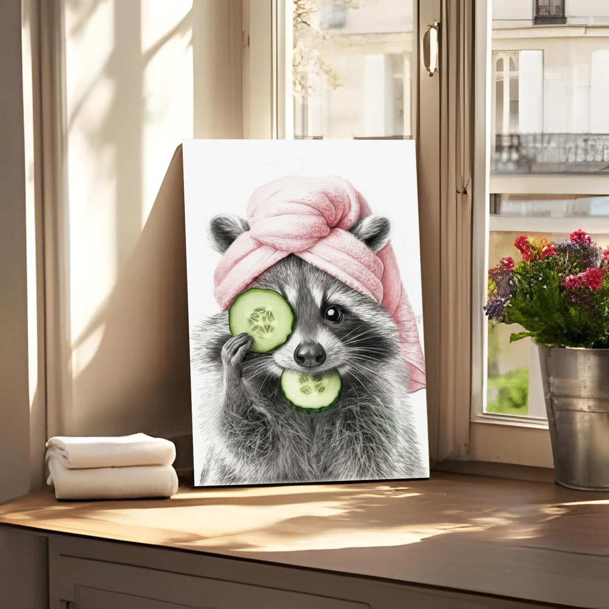 Funny Raccoon Bathroom Wall Art Black White Pink Animal Canvas Prints (Raccoon / 24"L x 16"W)