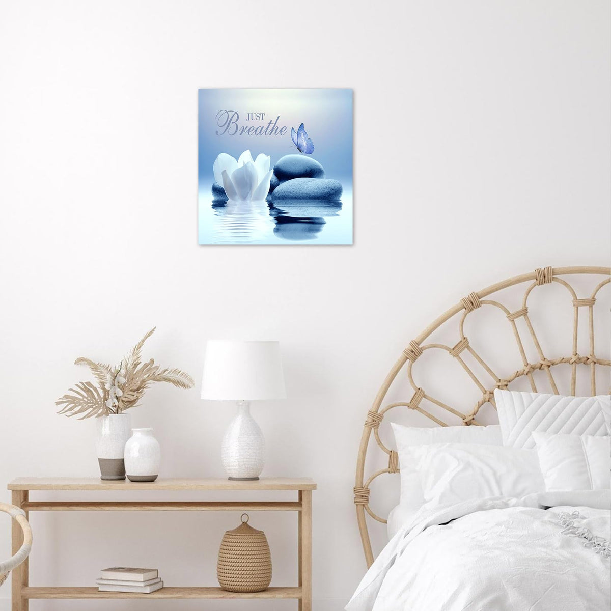 Zen Framed Wall Art 12x12 Inches Blue Butterfly and Water Lily Flower Stone Relaxing Just Breathe Canvas Prints Wall Art Bathroom Yoga Spa Calming Artwork for Bedroom Office Wall Decor (12"L x 12"W / Blue)