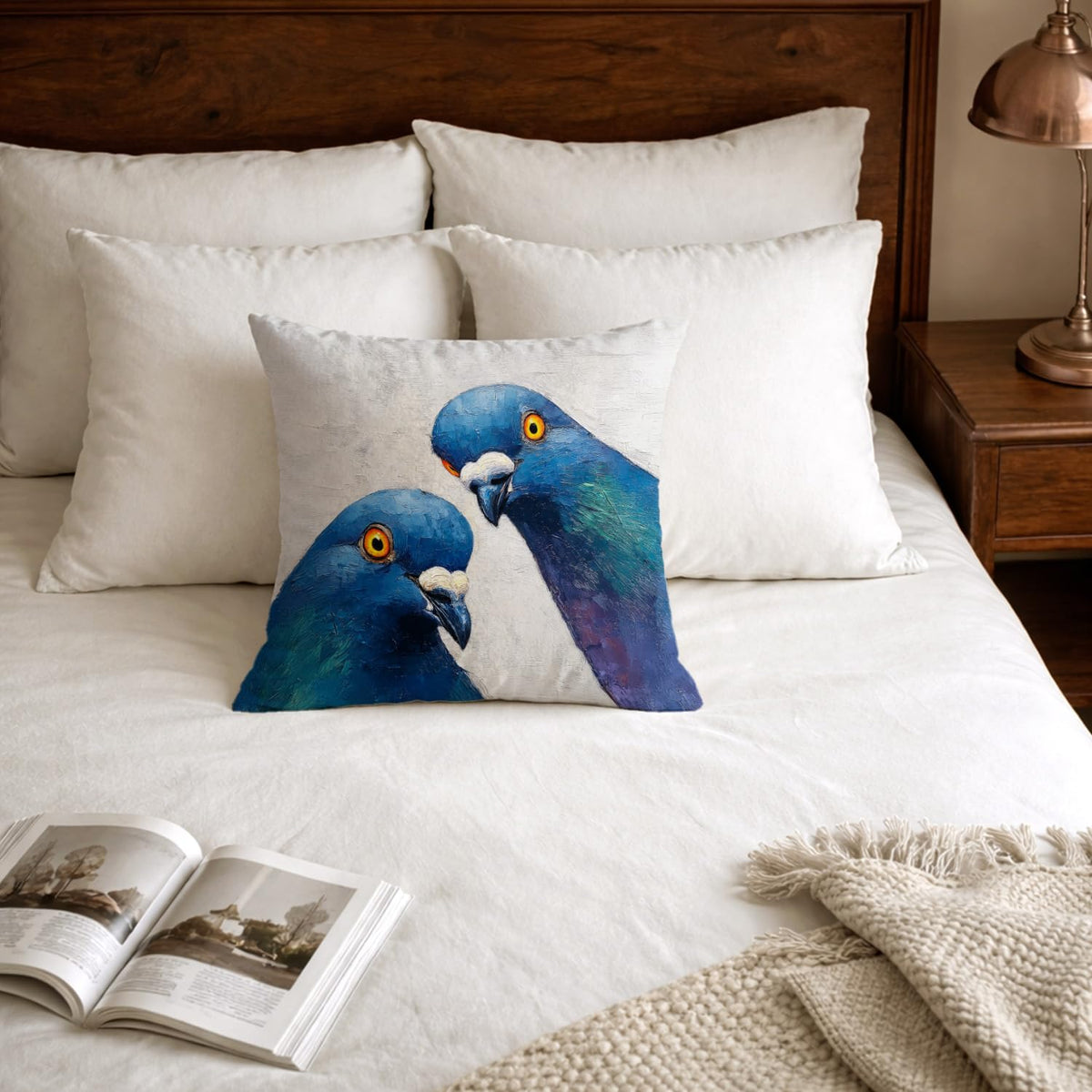 Funny Blue Pigeon Bird Pillow Cover 18x18 (White-bird 3)