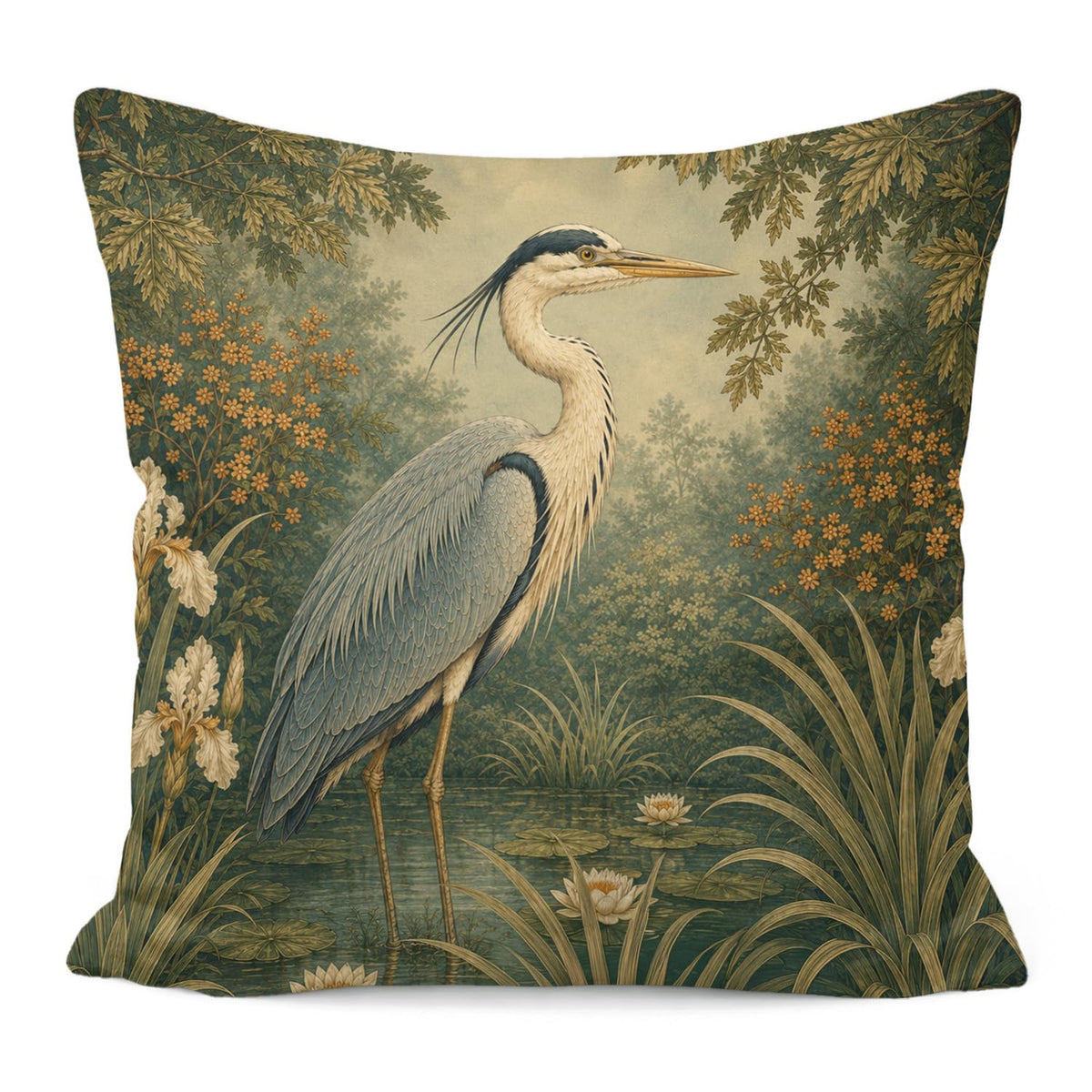 Vintage Floral Great Blue Heron Bird Pillow Cover 18x18 (White-blue Heron Bird 20)