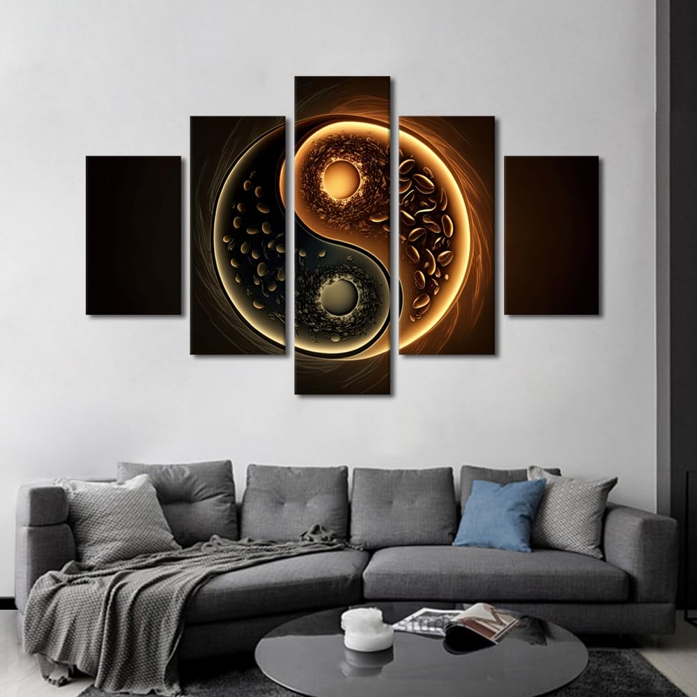 Canvas Wall Art Oversized Coffee Inspired Yin Yang Design Stretched Framed Painting Five Piece Set Modern Kitchen Decor Coffee Lover Gift Ready to Hang 60" Wx40 H (60''Wx40''H / Artwork-05)