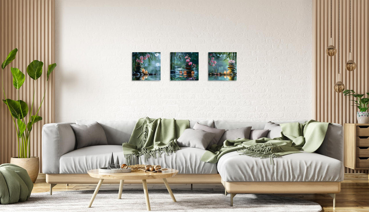 3 Panels Zen Canvas Wall Art Zen Art Green Bamboo Candle Orchid in Water Pictures Spa Artwork for Bathroom Spa Pictures for Home Decor Wall Decoration Ready to Hang Each Panel 12x12inch (12x12inchx3 / Pink Zen 4)
