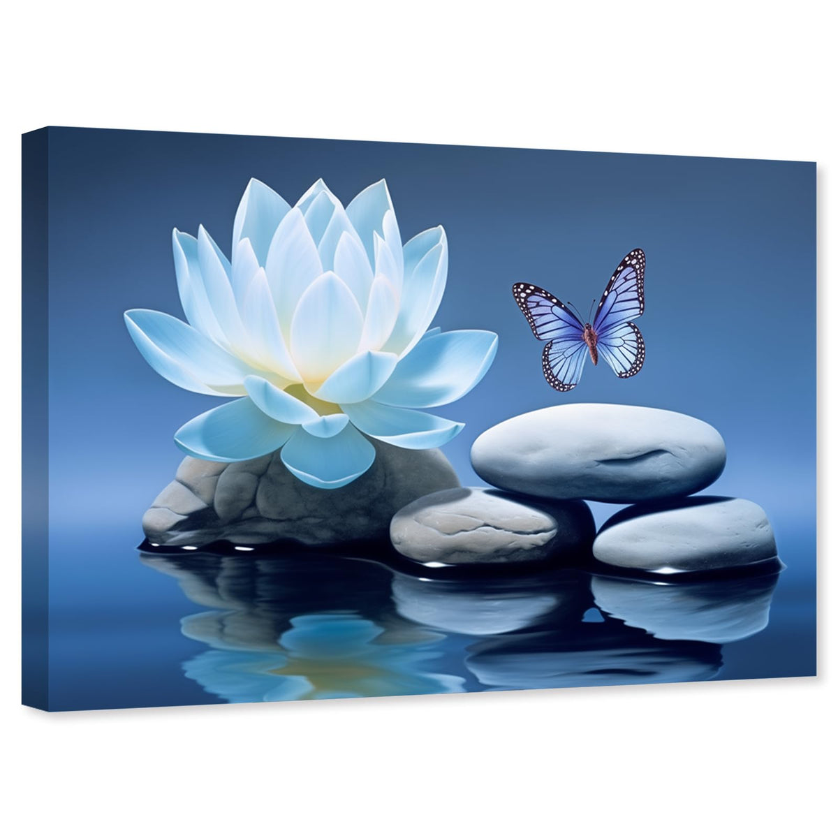 Blue Zen Wall Art Lotus Flower Canvas Spa Stone Pictures for Bathroom Wall Decor Meditation Butterfly Painting Frame (Zen - A / 16"L x 24"W)