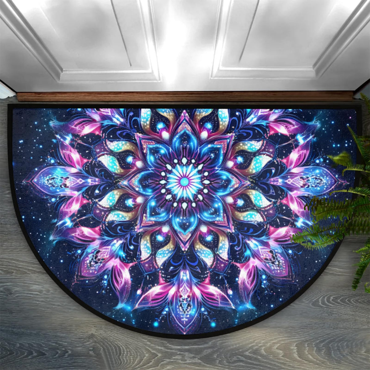 Half Round Doormat Flowers Ethnic Mandala Purple Non Slip Half Circle Area Rugs Indoor Washable Half Moon Rug Semi Circle Bathroom Runner Mat Entrance Floor Carpet for Kithen Bedroom Fireplace Decor (D 03)