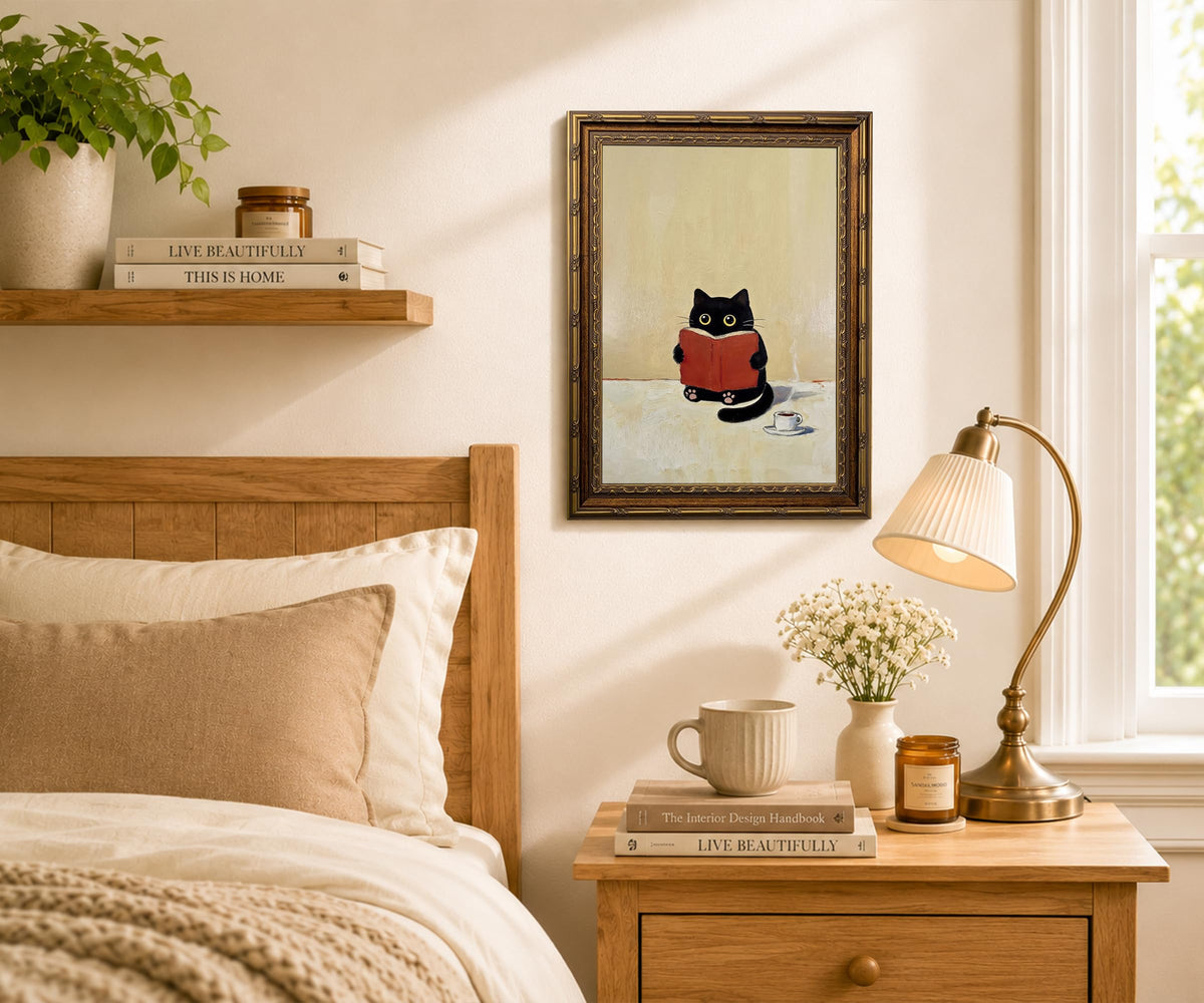 Vintage Gold Framed Cute Black Cat Canvas Wall Art (Antique Gold, Black, Red, Beige / 12"L x 16"W)