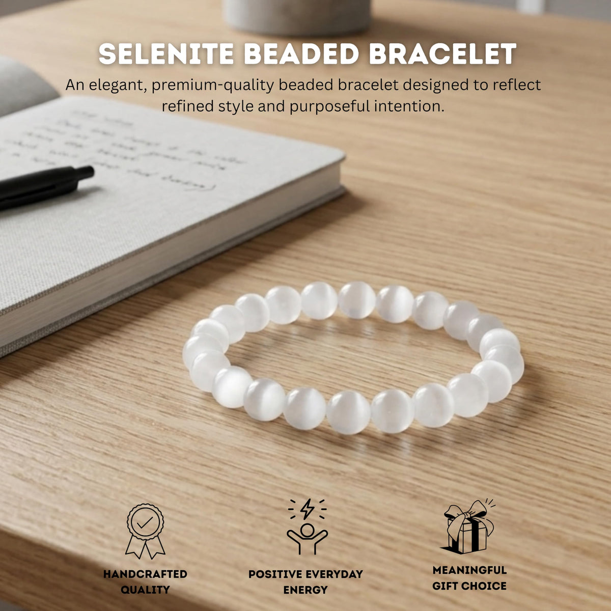 Selenite Bracelet 8mm Beaded Bracelet (Selenite / Medium)