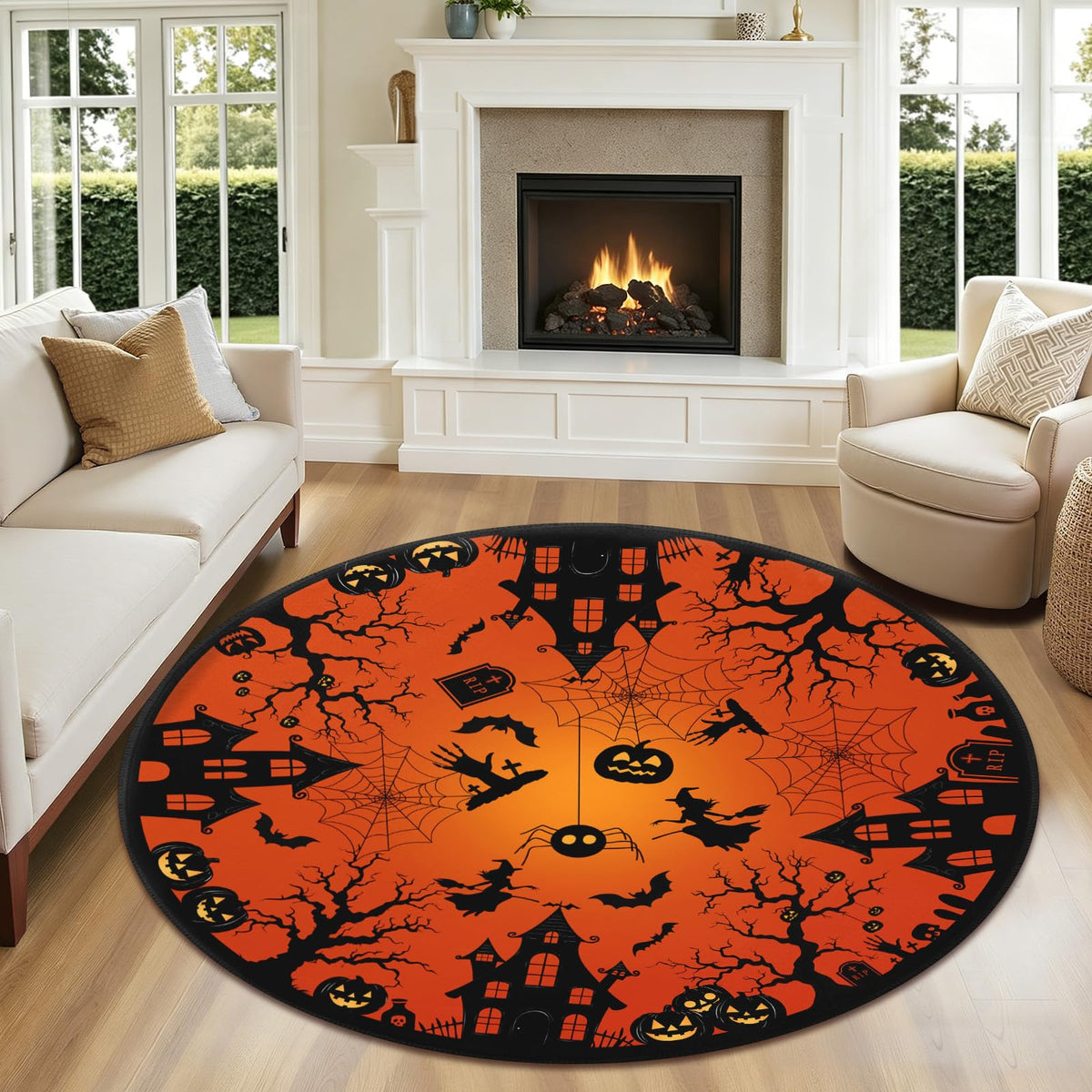 Halloween Round Area Rug 4ft (Spooky-orange / 4' (Round))